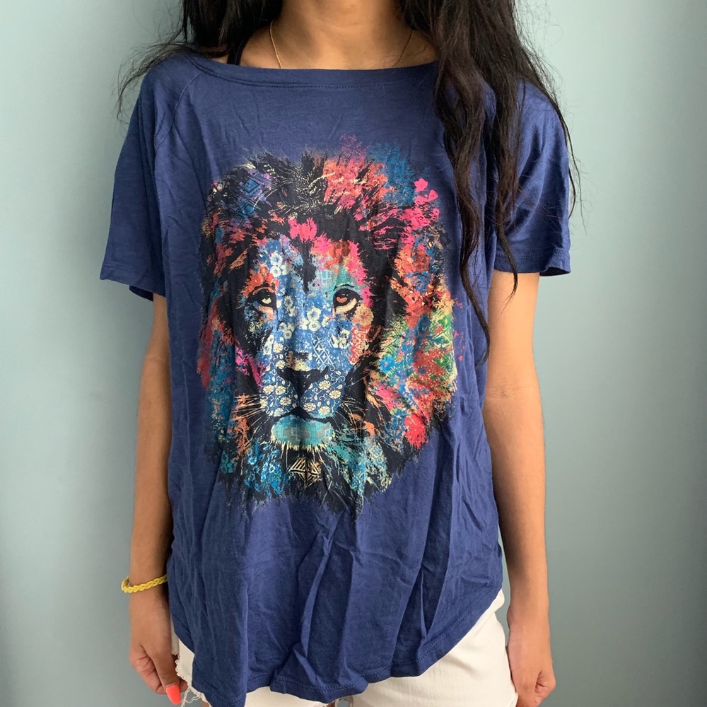 Navy blue shirt with colorful lion design